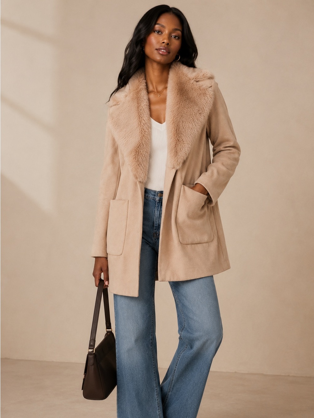 Zara Basic Wool Blend Coat Faux Fur Shawl Collar Beige Patch Pocket XS